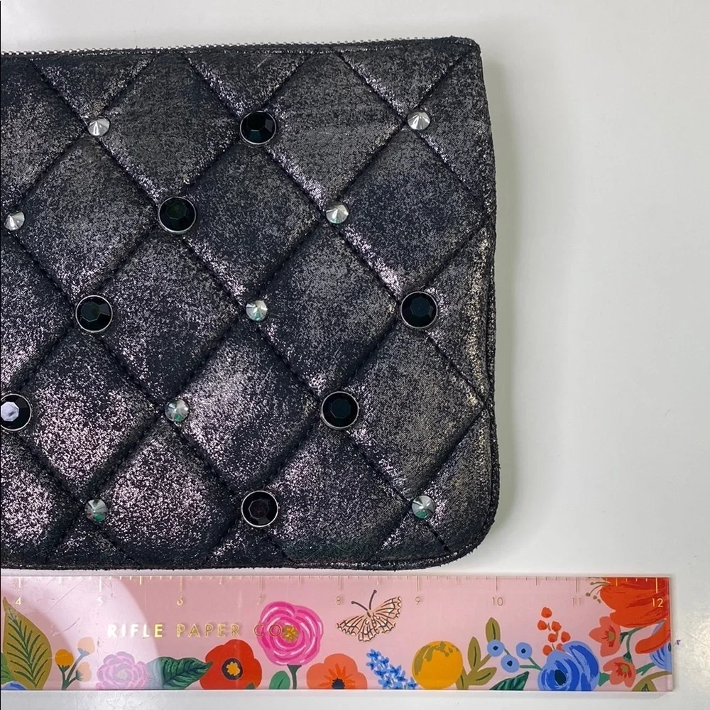 Betsey Johnson Glam Black Studed Quilted Clutch Wristlet‎ Pewter